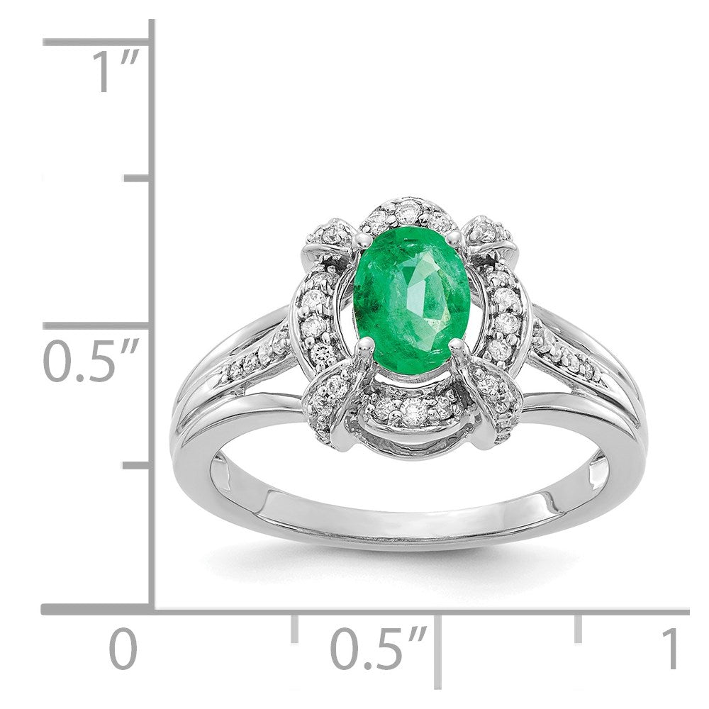 14k White Gold Real Diamond and Oval Emerald Ring