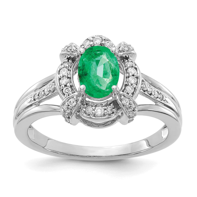 14k White Gold Real Diamond and Oval Emerald Ring