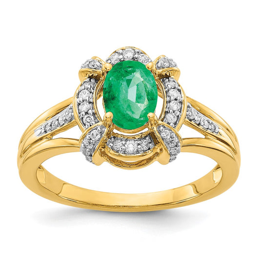 14K Yellow Gold Real Diamond and Oval Emerald Ring