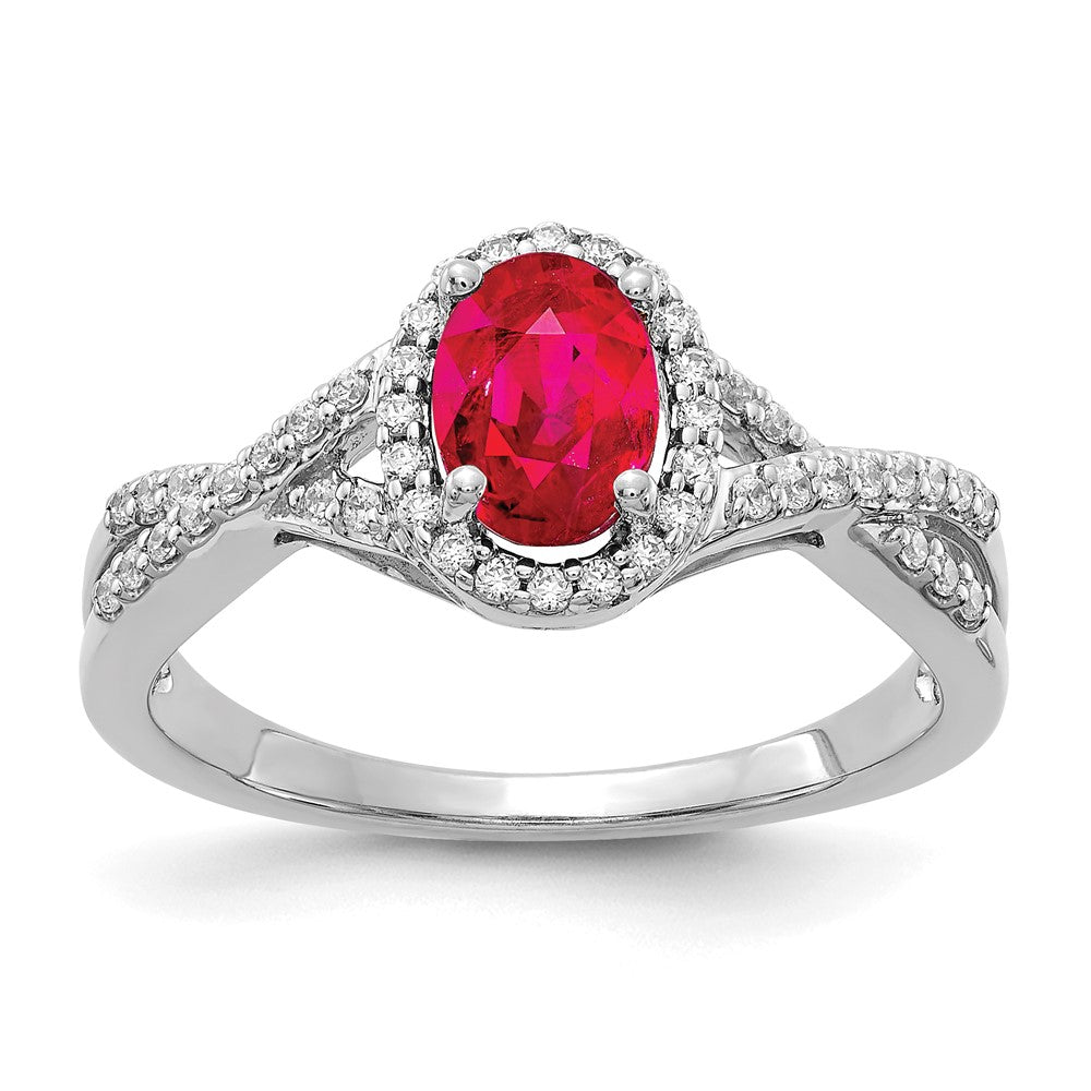 Solid 14k White Gold Simulated CZ and Ruby Oval Halo Ring