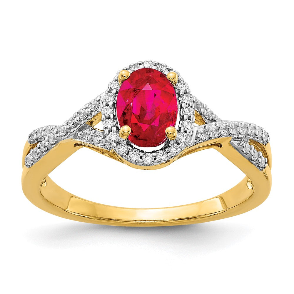 14K Yellow Gold Real Diamond and Ruby Oval Halo Ring