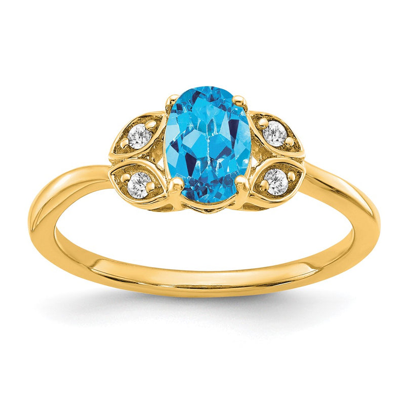 14K Yellow Gold Blue Topaz and Real Diamond Ring