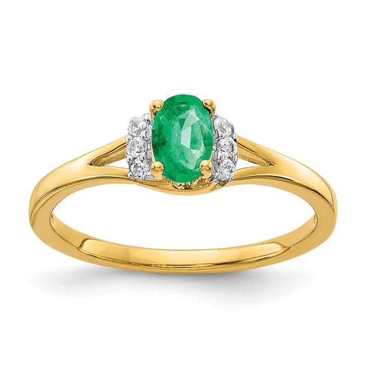 14K Yellow Gold Real Diamond and Oval Emerald Ring