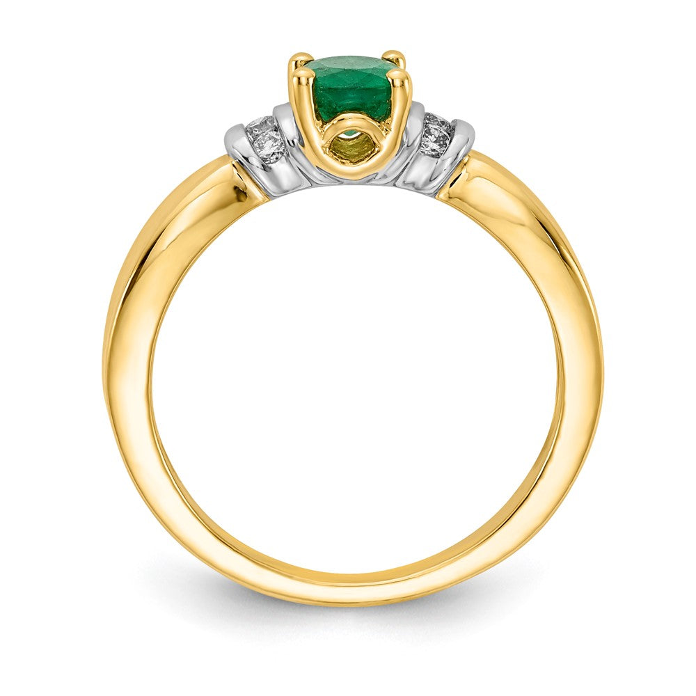 14k Yellow Gold and Oval Rhodiumd Real Diamond and Oval Emerald Ring