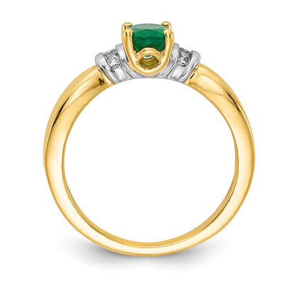 14k Yellow Gold and Oval Rhodiumd Real Diamond and Oval Emerald Ring