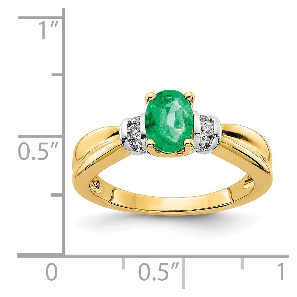14k Yellow Gold and Oval Rhodiumd Real Diamond and Oval Emerald Ring