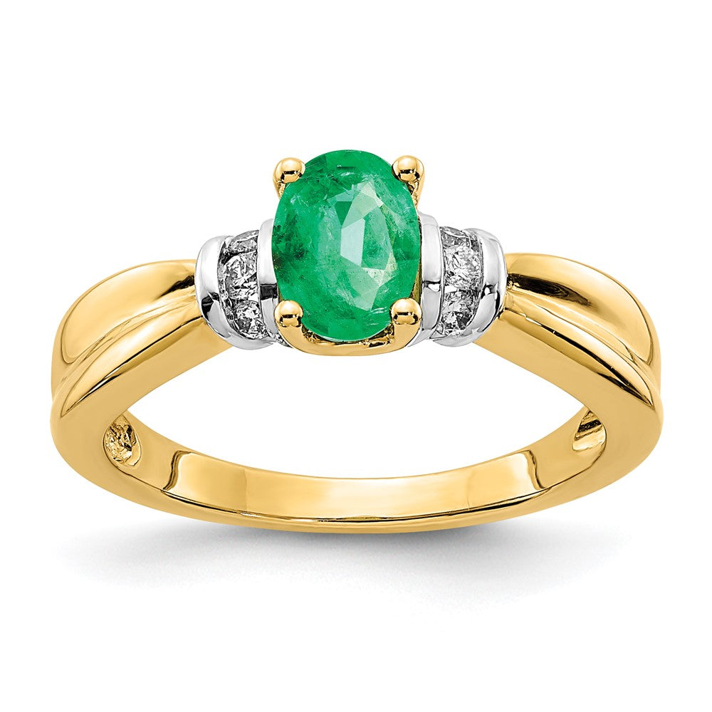 14k Yellow Gold and Oval Rhodiumd Real Diamond and Oval Emerald Ring