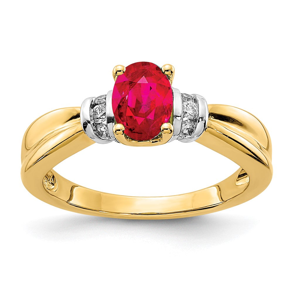 14k Yellow Gold and Oval Rhodium Real Diamond and Oval Ruby Ring