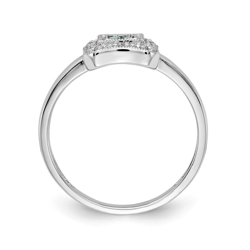 14k White Gold Square Design Emerald and Real Diamond Ring