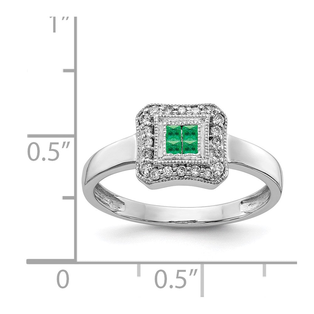 14k White Gold Square Design Emerald and Real Diamond Ring