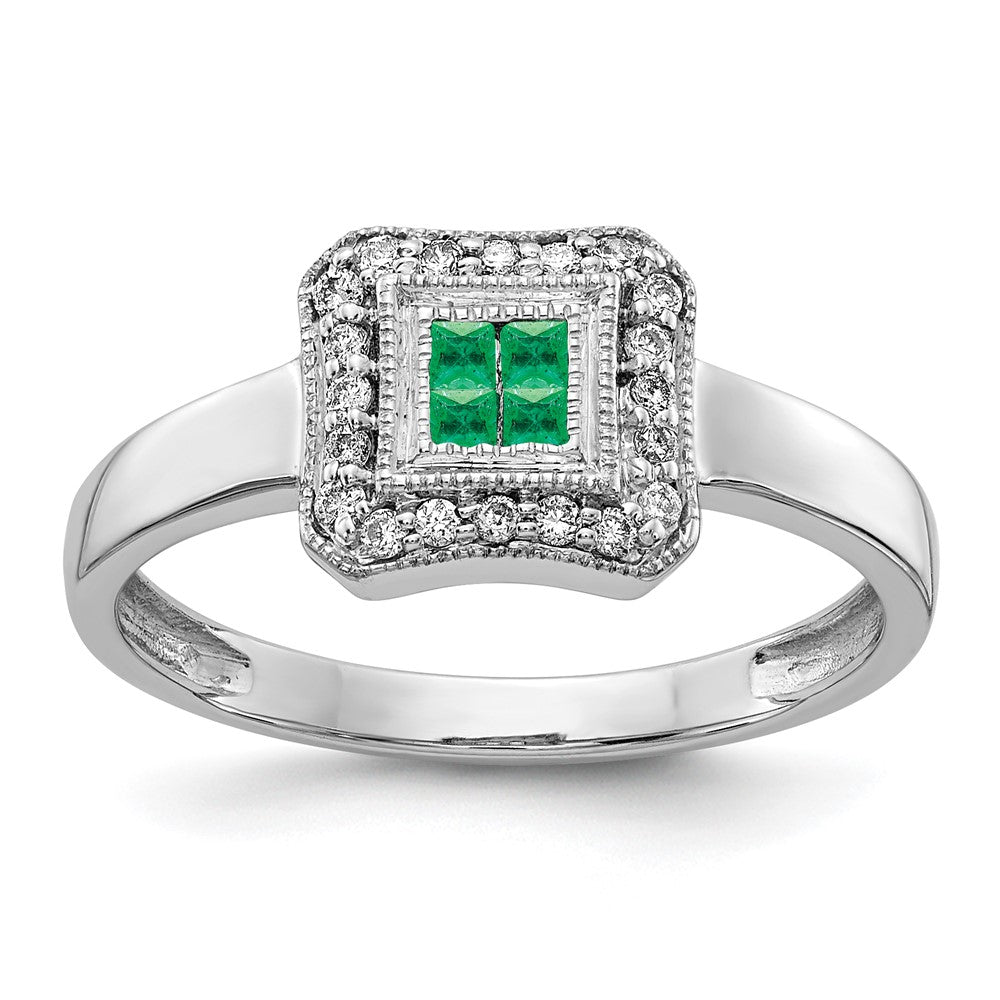 14k White Gold Square Design Emerald and Real Diamond Ring