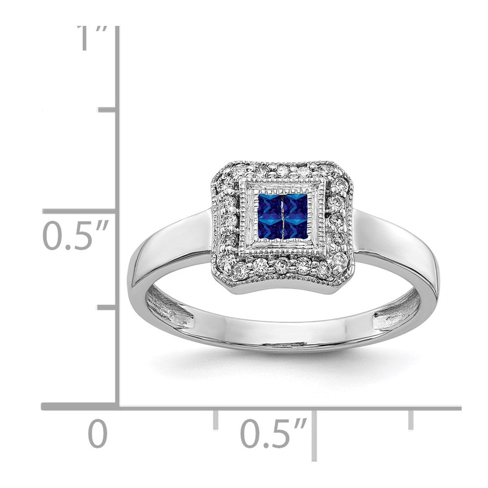 14k White Gold Square Design Sapphire and Real Diamond Ring