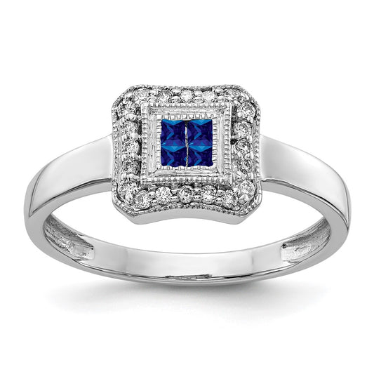 14k White Gold Square Design Sapphire and Real Diamond Ring