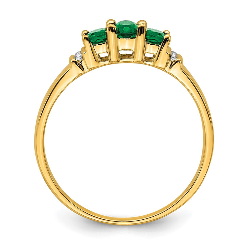 14K Yellow Gold Polished Triple Emerald and Real Diamond 3-stone Ring