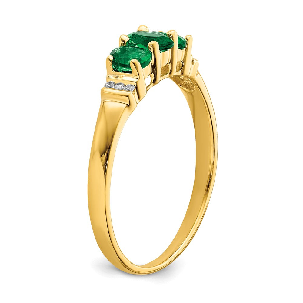 14K Yellow Gold Polished Triple Emerald and Real Diamond 3-stone Ring