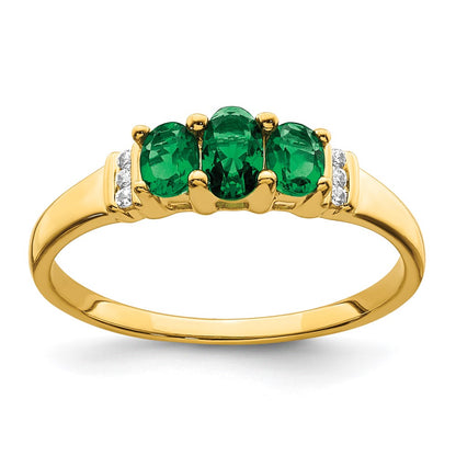 14K Yellow Gold Polished Triple Emerald and Real Diamond 3-stone Ring