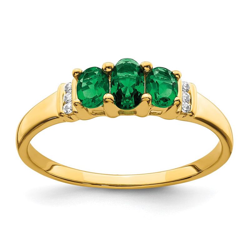 14K Yellow Gold Polished Triple Emerald and Real Diamond 3-stone Ring