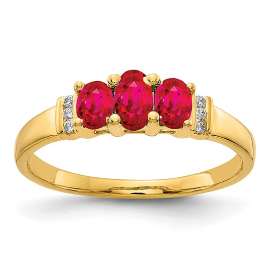 14K Yellow Gold Polished Triple Ruby and Real Diamond 3-stone Ring