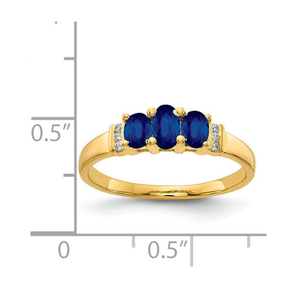 14K Yellow Gold Polished Triple Sapphire and Real Diamond 3-stone Ring