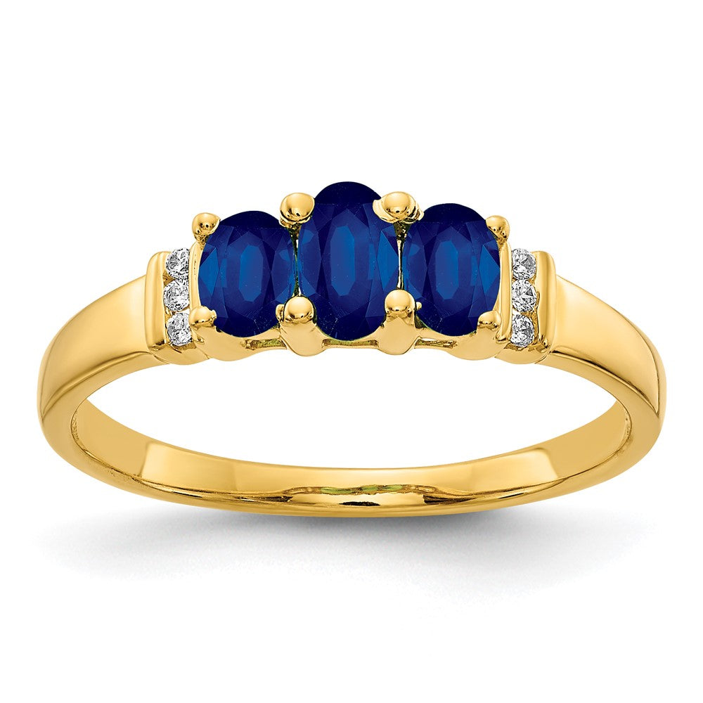 14K Yellow Gold Polished Triple Sapphire and Real Diamond 3-stone Ring