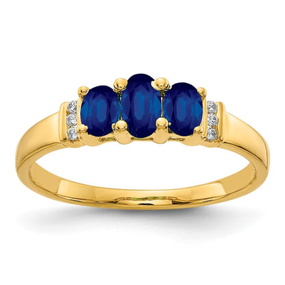 14K Yellow Gold Polished Triple Sapphire and Real Diamond 3-stone Ring