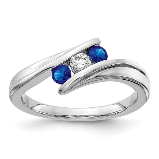 Solid 14k White Gold Simulated Sapphire and CZ 3-stone Ring