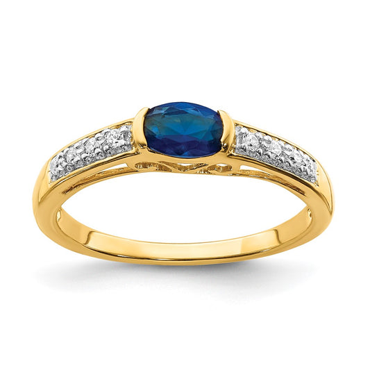 Solid 14k Yellow Gold Oval East-West Simulated Sapphire and CZ Ring