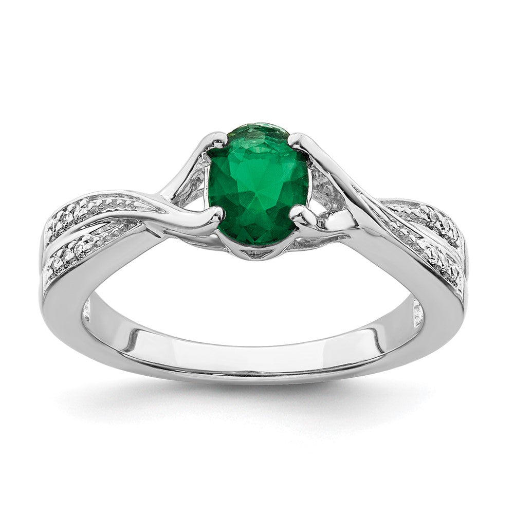14k White Gold Oval Emerald and Real Diamond Ring