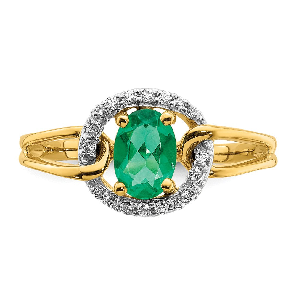 14K Yellow Gold Real Diamond and Oval Emerald Ring