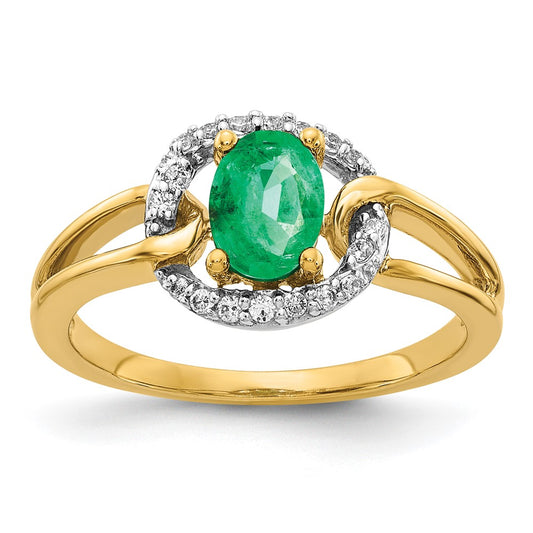 14K Yellow Gold Real Diamond and Oval Emerald Ring