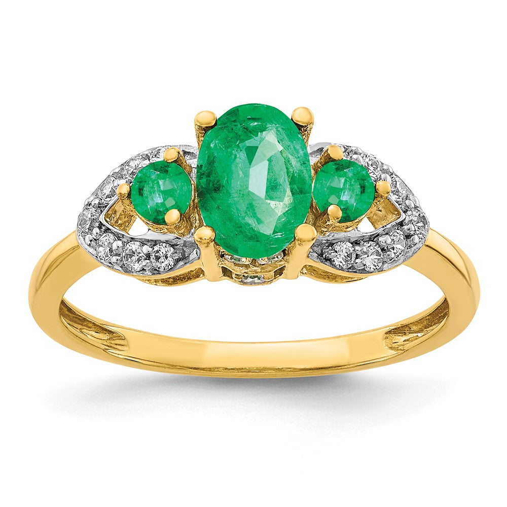 14K Yellow Gold Oval Emerald and Real Diamond Ring