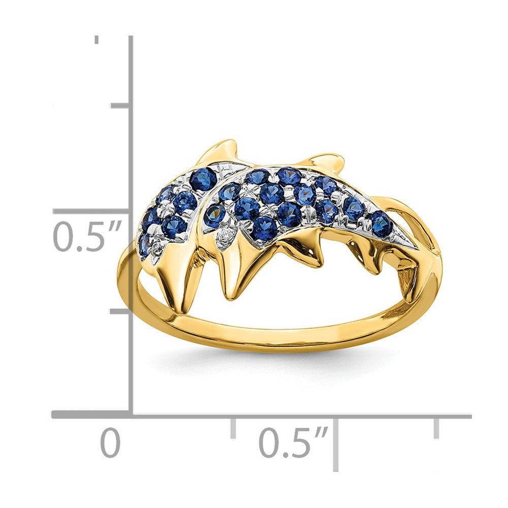 14K Yellow Gold w/ Rhodium Real Diamond and Sapphire Dolphins Ring