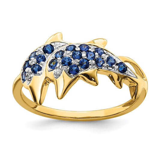 Solid 14k Yellow Gold w/ Rhodium Simulated CZ and Sapphire Dolphins Ring