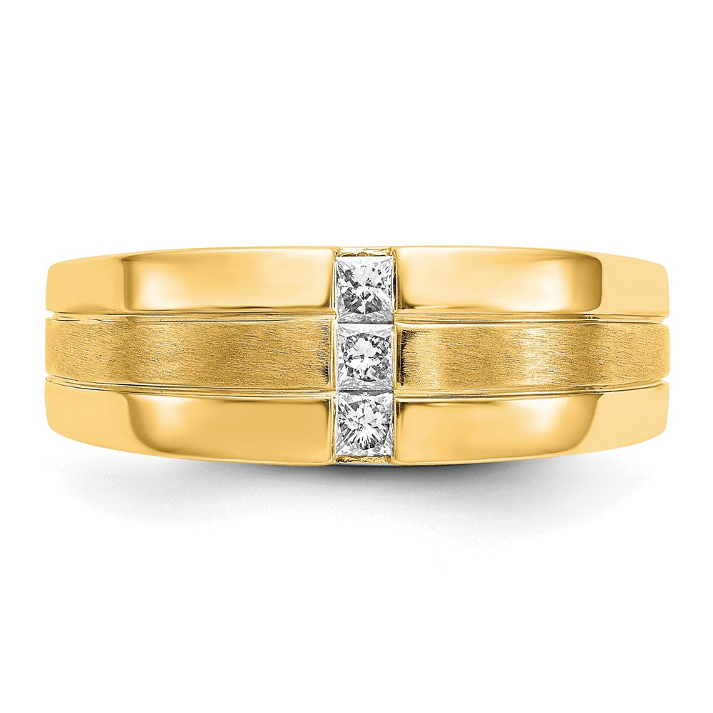 14K Yellow Gold Mens Real Diamond Polished and Satin Ring