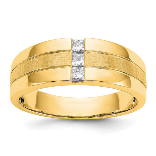 14K Yellow Gold Mens Real Diamond Polished and Satin Ring