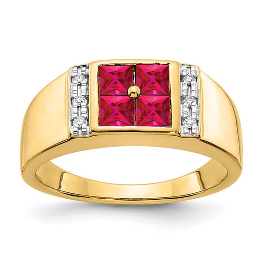 14K Yellow Gold Created Ruby and Real Diamond Mens Ring