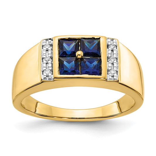 14K Yellow Gold Created Sapphire and Real Diamond Mens Ring