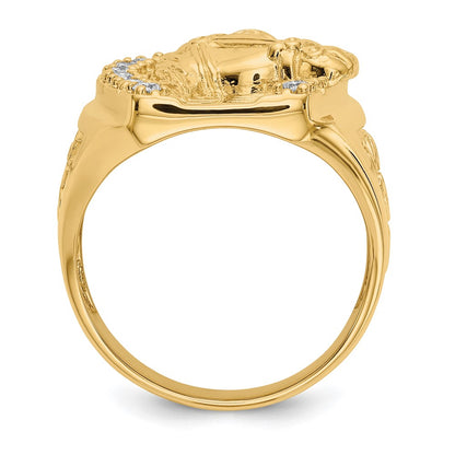 14K Yellow Gold Mens Real Diamond Horseshoe with Horse in Center Ring