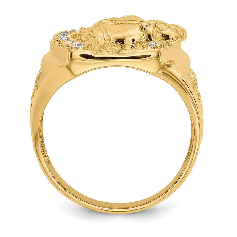 14K Yellow Gold Mens Real Diamond Horseshoe with Horse in Center Ring