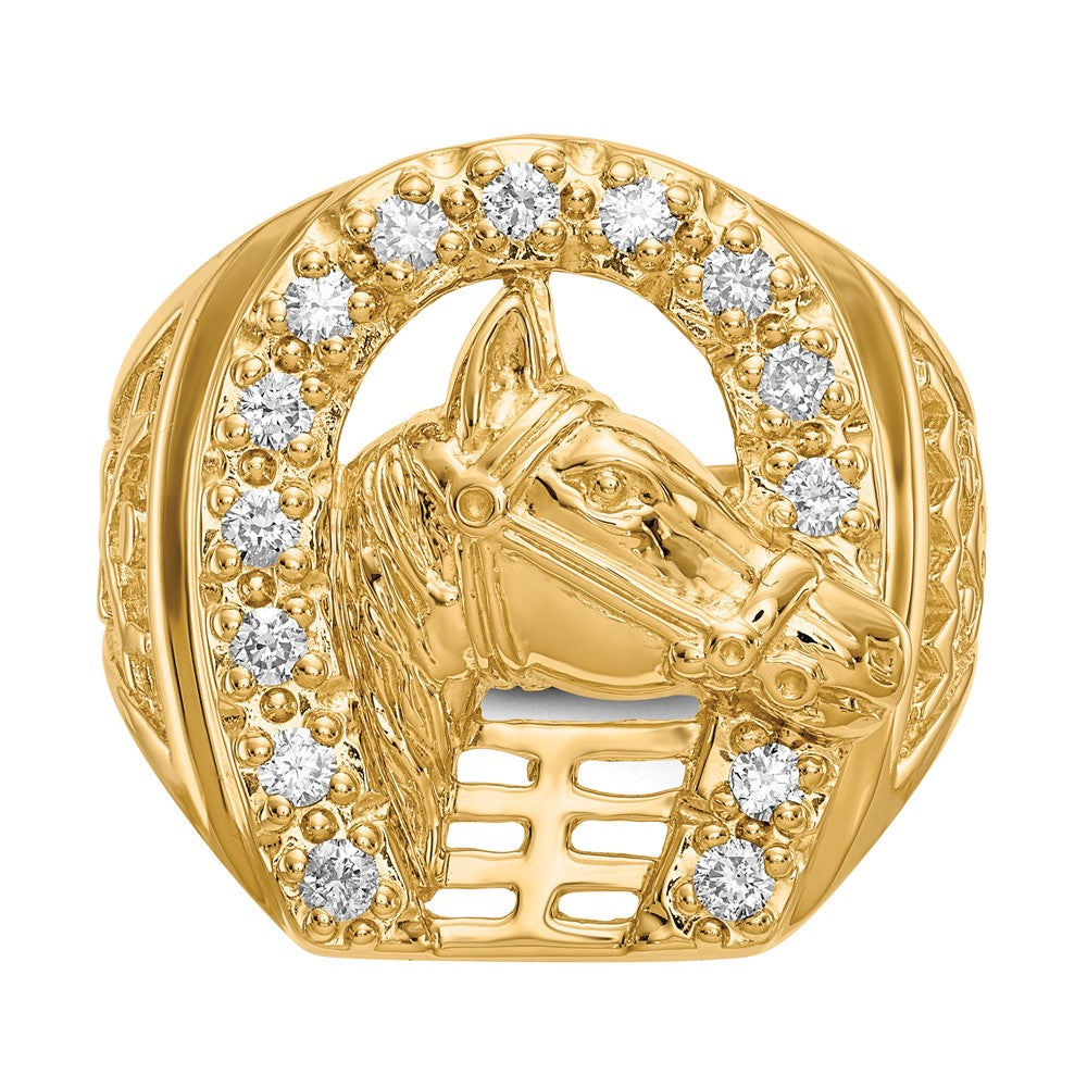 14K Yellow Gold Mens Real Diamond Horseshoe with Horse in Center Ring