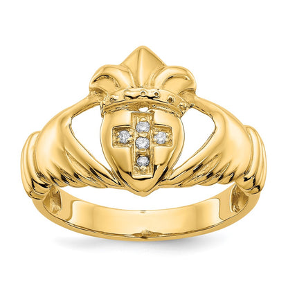 14K Yellow Gold AA Real Diamond Claddagh Ring