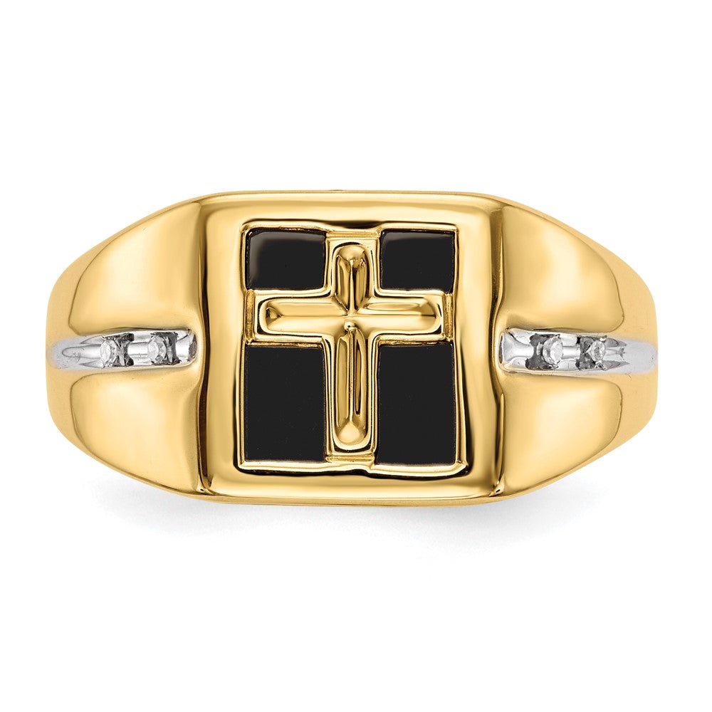 14K Yellow Gold Onyx and Real Diamond Cross Mens Ring