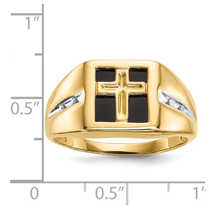 14K Yellow Gold Onyx and Real Diamond Cross Mens Ring
