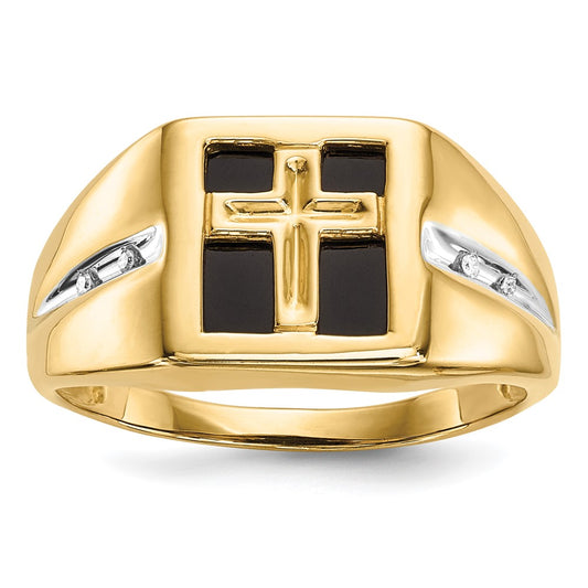 14K Yellow Gold Onyx and Real Diamond Cross Mens Ring