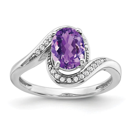 Solid 14k White Gold Oval Simulated Amethyst and CZ Bypass Ring