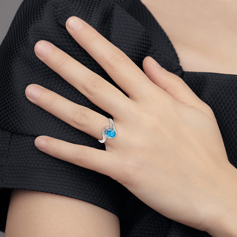 Solid 14k White Gold Oval Simulated Blue Topaz and CZ Bypass Ring