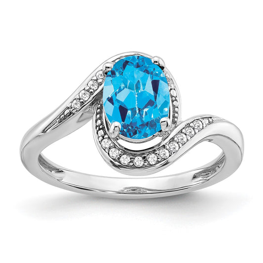 Solid 14k White Gold Oval Simulated Blue Topaz and CZ Bypass Ring