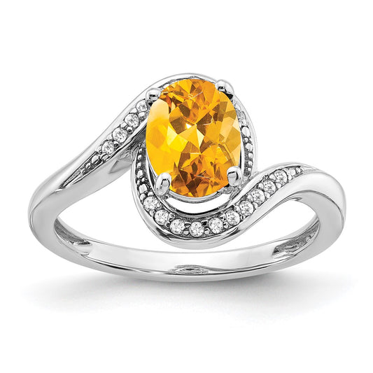 Solid 14k White Gold Oval Simulated Citrine and CZ Bypass Ring