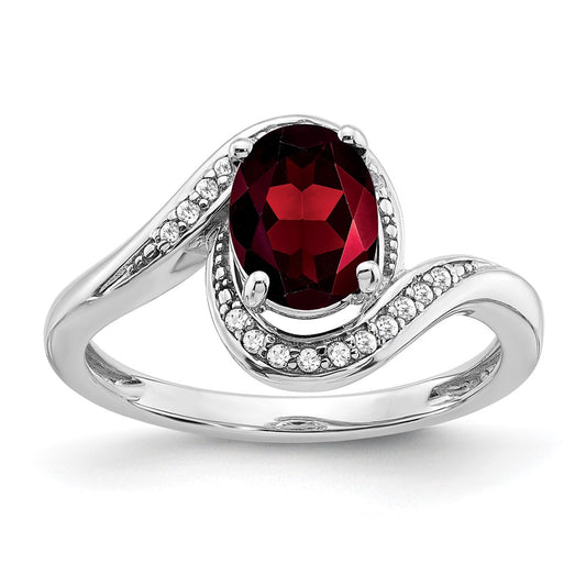 Solid 14k White Gold Oval Simulated Garnet and CZ Bypass Ring