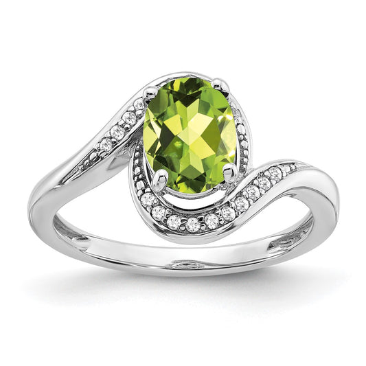 Solid 14k White Gold Oval Simulated Peridot and CZ Bypass Ring